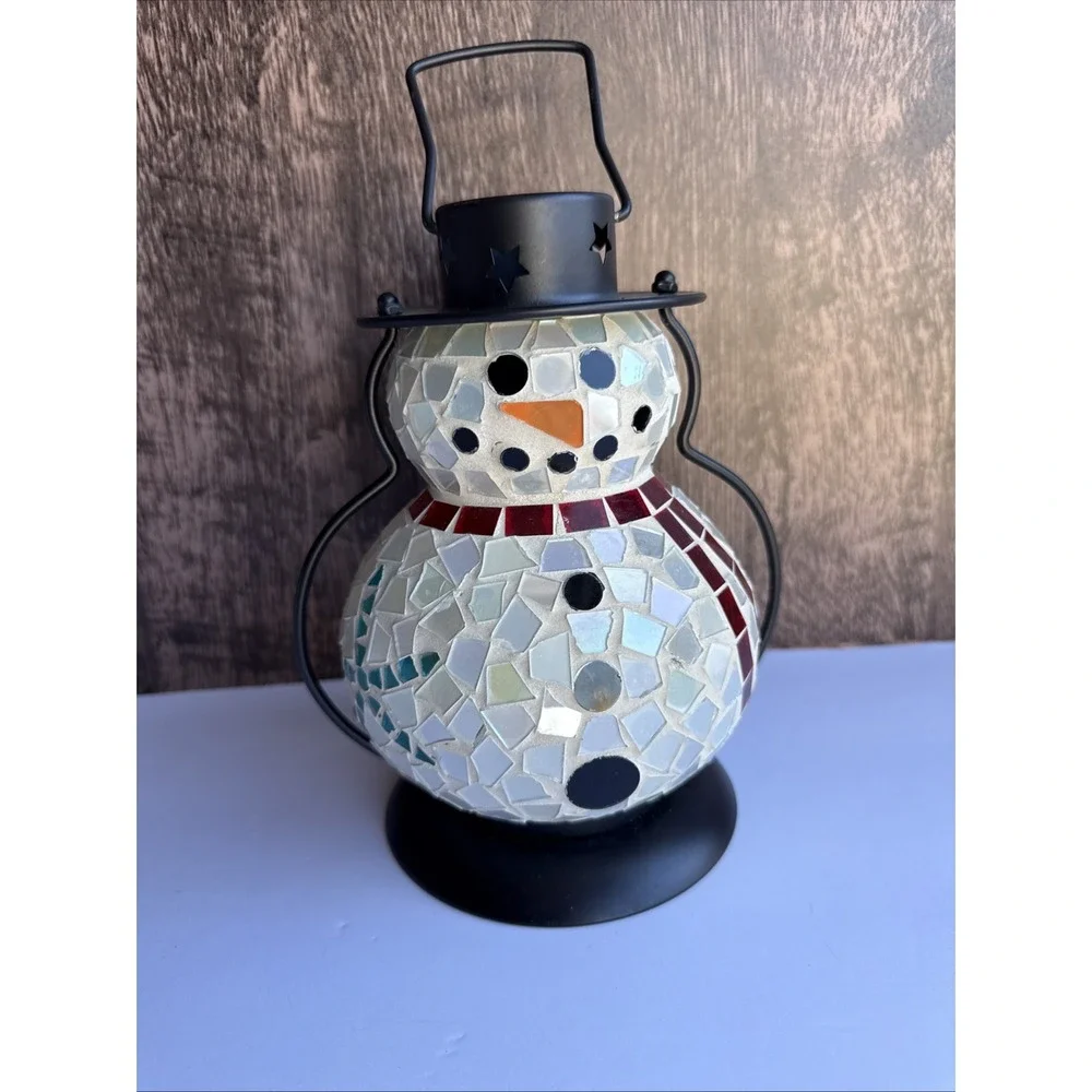 Mosaic Snowman Lantern Starfish  W/Wrought Iron Base  Battery‎ Operated Beach
